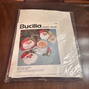 Vintage Bucilla Santa Face Coasters Kit Plastic Canvas‎ Set of 6 Holder 61169